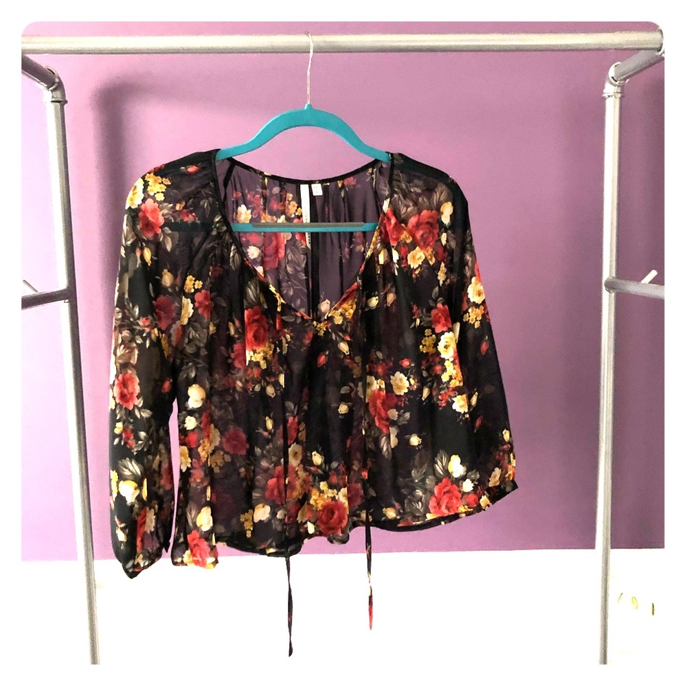 Dark floral, sheer, flowy, crop top